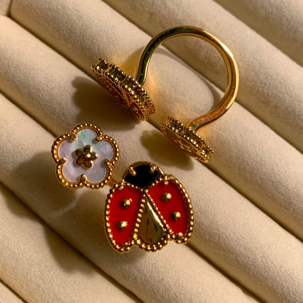18 K gold Ring of mother of pearl butterfly $ flower adjustable Ring - Picture 12 of 15